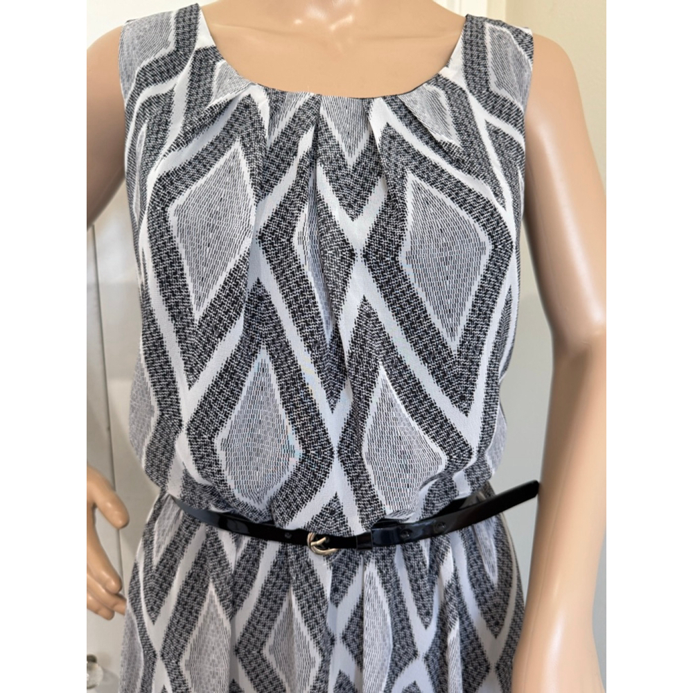 Women's AB Studio lined belted Dress Black White Geometric Print Sz L Sleeveless - Picture 2 of 9